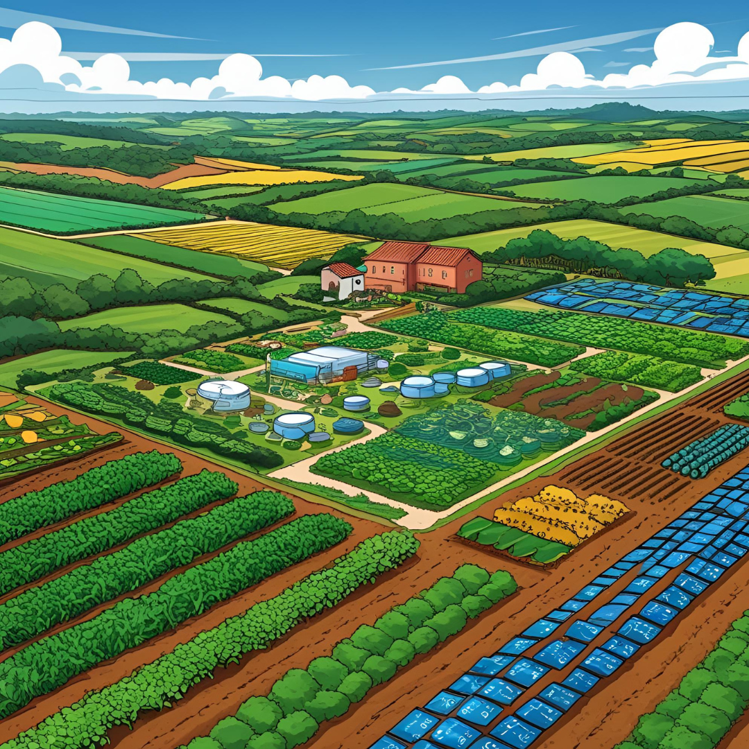 Aerial view of a modern, sustainable farm with various crops, buildings, and technology, symbolizing agricultural transformation